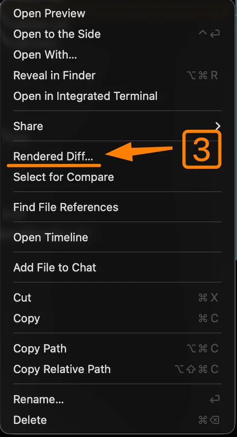 mddiff in the VS Code Explorer right-click menu — the Rendered Diff… entry