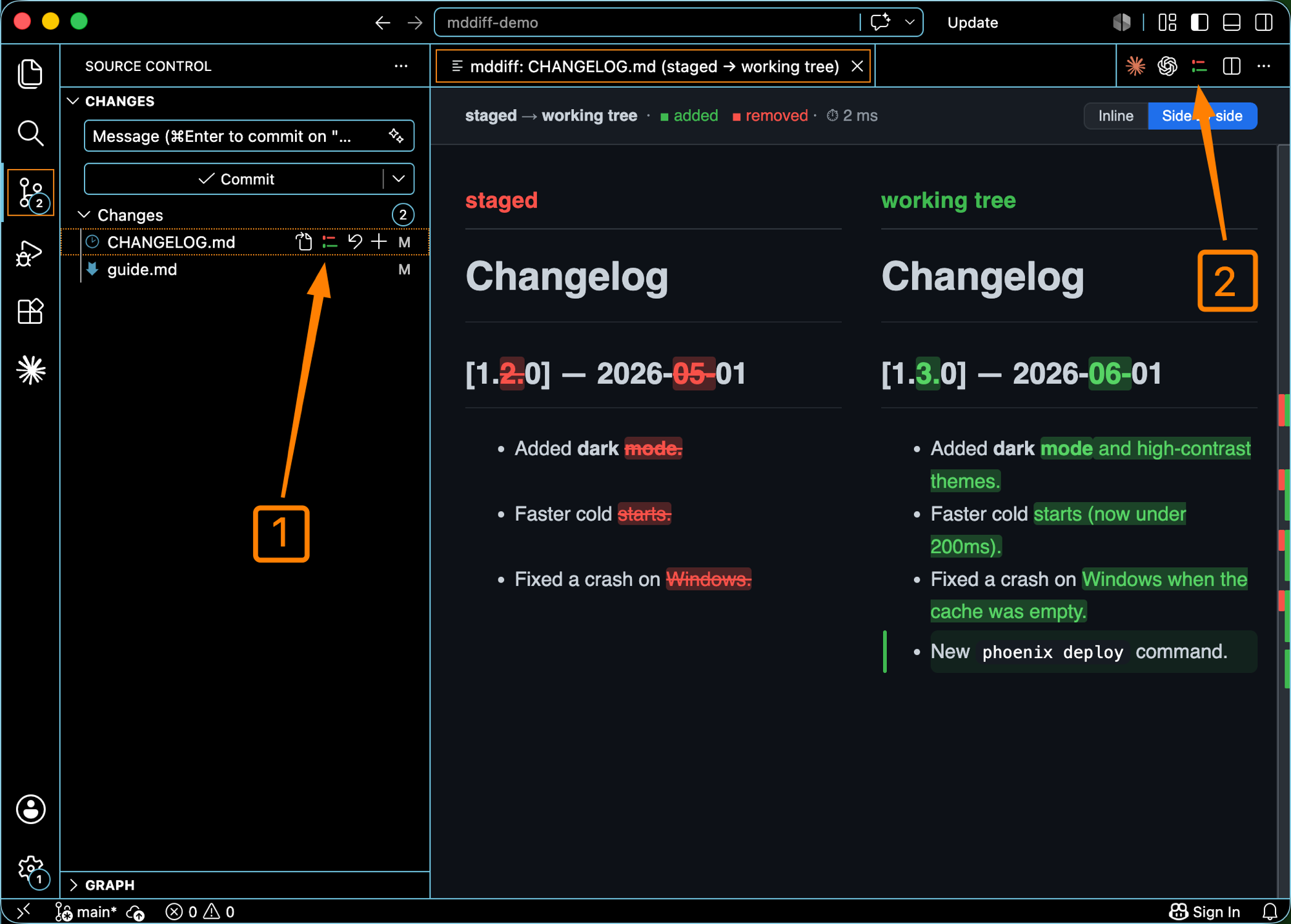 mddiff in VS Code — the Source Control glyph and the editor title-bar button both open a rendered side-by-side diff